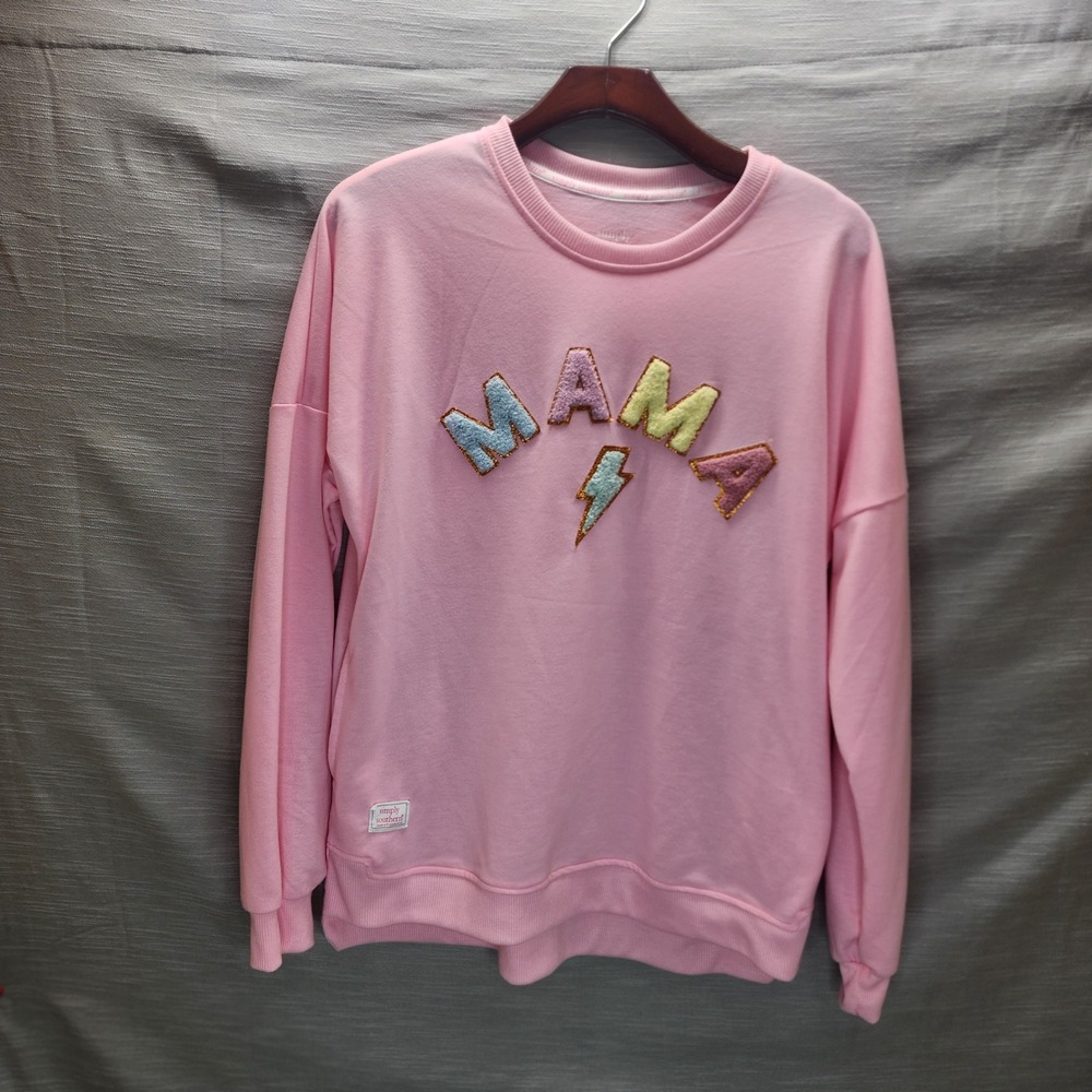 Simply Southern Pink MAMA Chenille Patch Sweatshirt Pockets Womens Medium